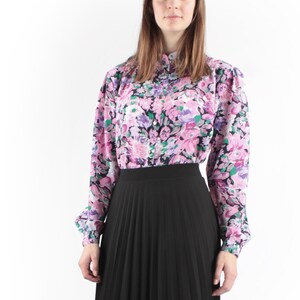 80s Vintage Fine Decorated Pink Purple Green Jungle Floral Medium Blouse for Women
