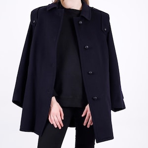 1970s Vintage Dark Marine Loden Blue Wool Winter Autumn Coat for Women