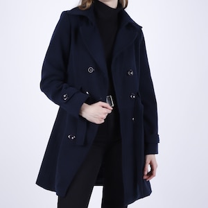 1970er Vintage Dunkelblauer Woll-Einteiler-Mantel-Winter-Herbst-Mantel für Frauen