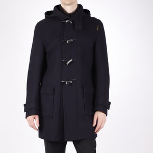 1970s Vintage Wool Duffle Coat: Dark Marine Blue Hooded Winter Coat, Men&#39;s Size L