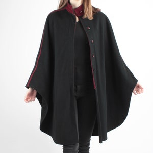 1970s Vintage Black Purple Poncho Wool Winter Overcoat Greatcoat Coat for Women