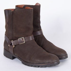 US9.5 Vintage Ankle Boots Brown Belted Buckle Zipper Booties Leather for Women size UK7.5 EU40 US9.5