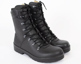 May include: A pair of black leather military boots with laces and metal eyelets.