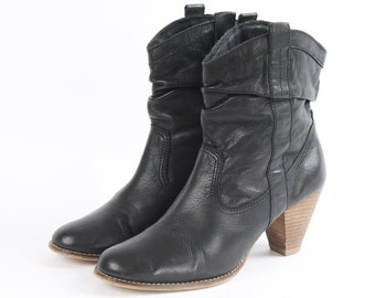 US8.5 Vintage Rockabilly Black Leather Western Cowgirl Boots for Women size EU 39 UK 6.5 US 8.5