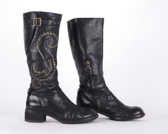 Botas vintage de piel con tachuelas: caña alta, negras, talla 39 UE / 8,5 EE. UU.
