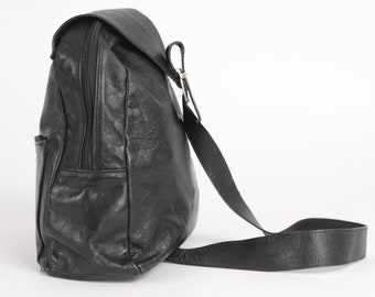 Vintage 80s Sturdy Black Leather Crossbody Backpack Genuine Leather Shoulder Traveler Bag