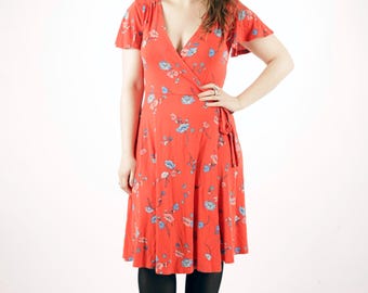 90s Vintage Red Blue Colorful Floral Patterned Dress Small