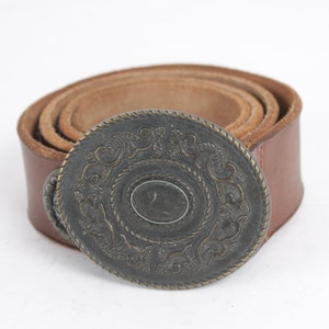 Vintage Stitched Full Grain Cognac Italian Leather Belt Genuine Sturdy Leather Real Leather Buckle
