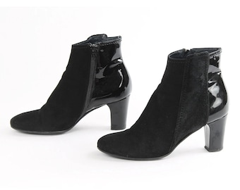 Vintage Suede & Glossy Leather Ankle Boots - Black, US 8 / EU 38.5