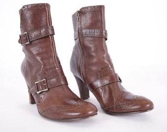 Bottes à glissière en cuir marron vintage avec talons et ceinture pour femme, taille EU40 / UK7 / US9