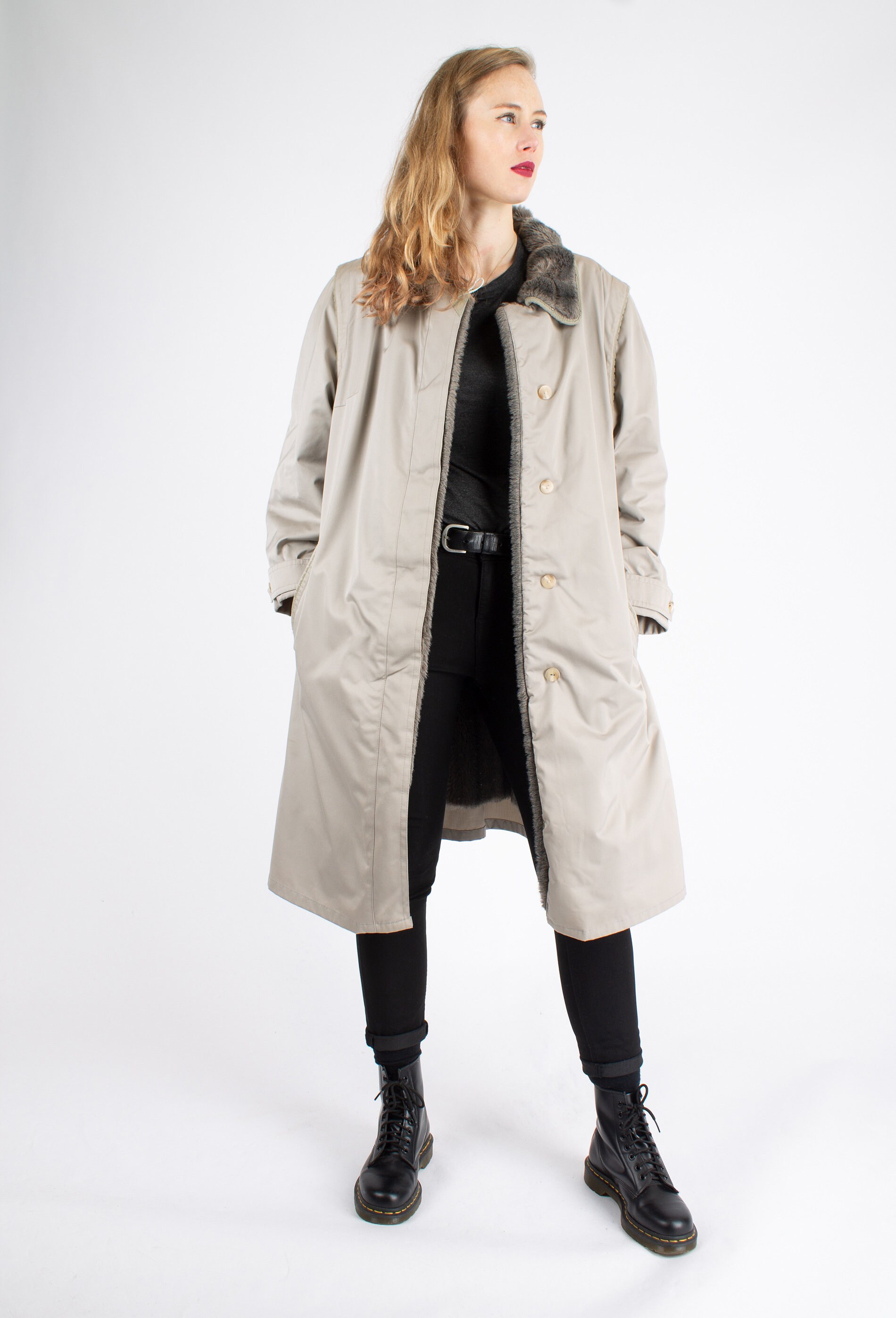 1980s Vintage Taupe/grey Made in Germany Trenchcoat Faux Fur 
