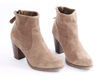 Vintage Beige Wildleder Stiefeletten: Blockabsatz, 36