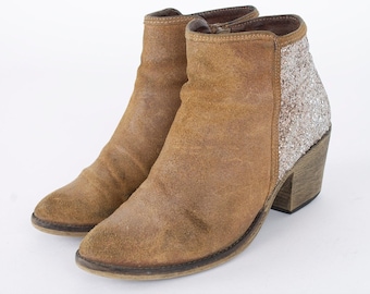 US8.5 Vintage High Heel Zipper Beige Booties Suede Leather Sequin Elegant Ankle Boots Women size EU 39 UK 6.5 US 8.5