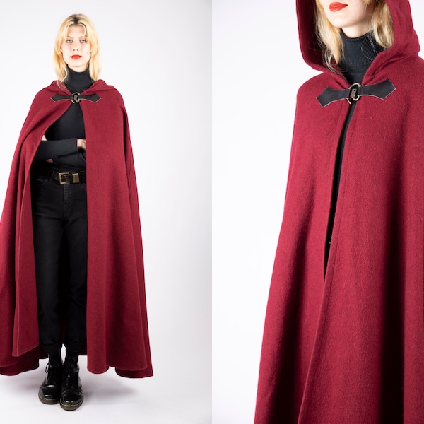 1970s vintage Bourgogne Poncho Rouge Laine Loden Winter Cape Autumn Overcoat Mantel Greatcoat Manteau pour femme