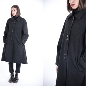 1970s Vintage Dark Grey Wool Greatcoat Overcoat Winter Gray Autumn Coat for Women