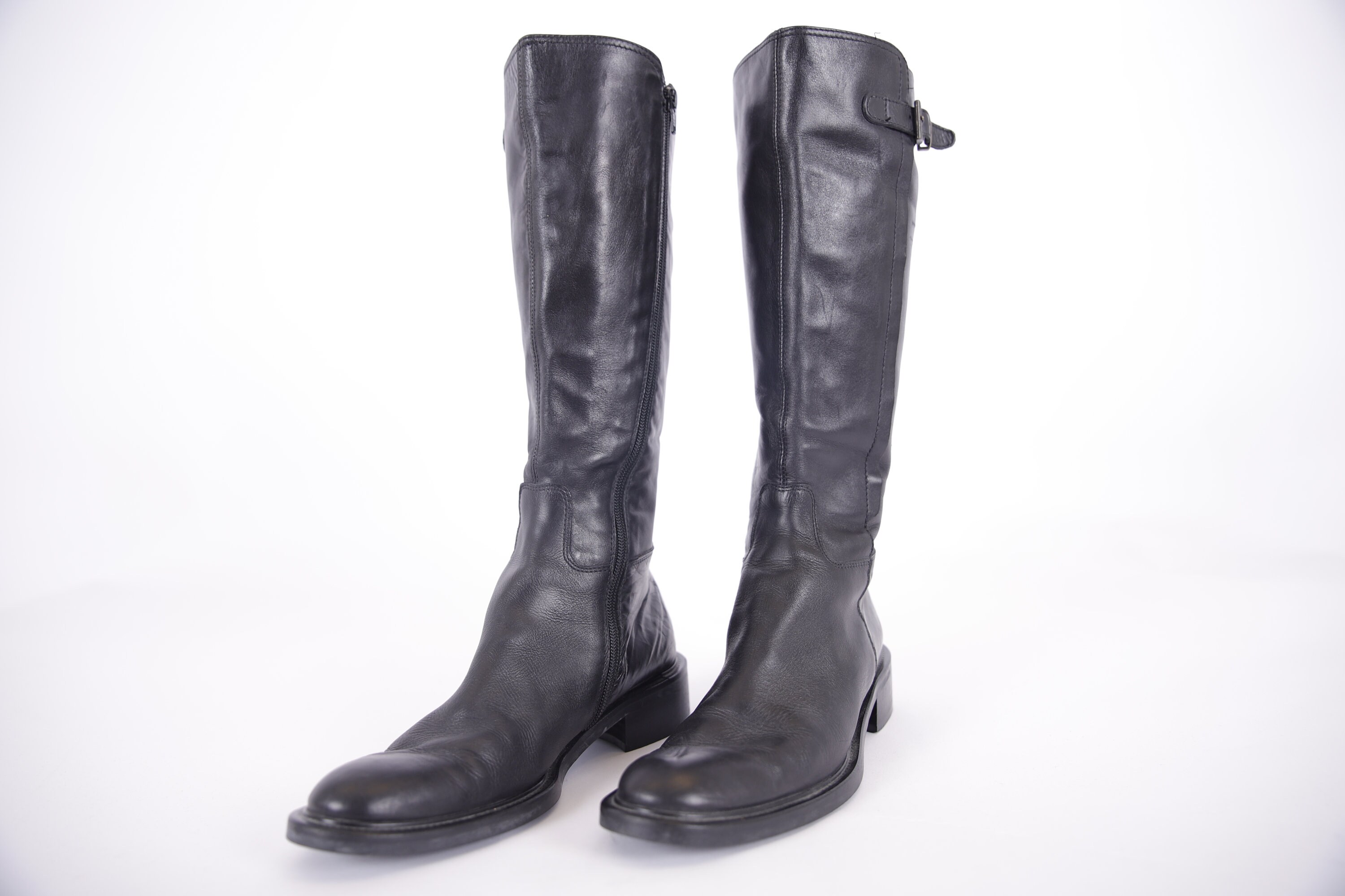 US6.5 Vintage Black Booties Leather High Calf Boots for US6.5 Vintage Black Booties Leather High Calf Boots for