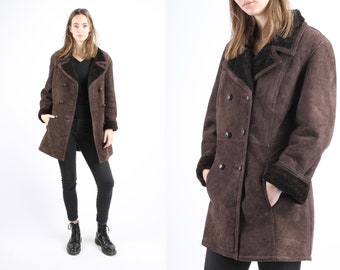 1970s Vintage Brown Warm Shearling Cosy Lammy Coat Leather Winter Longcoat Greatcoat for Women