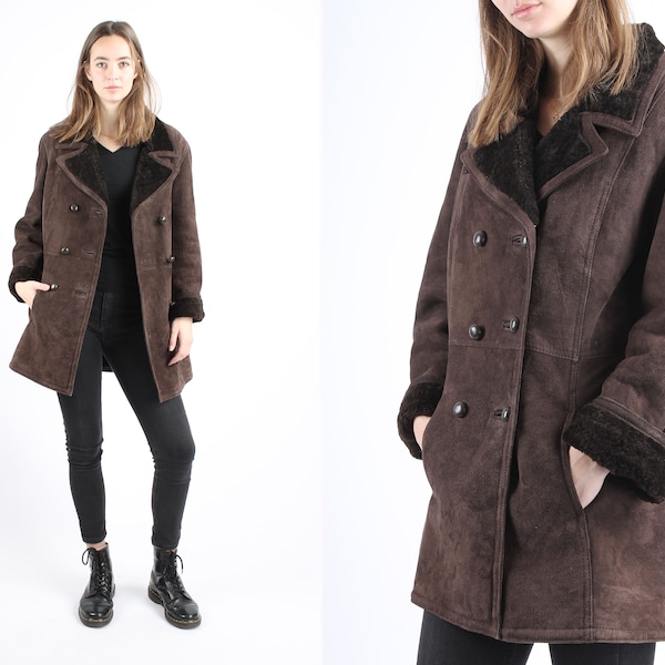 Années 1970 vintage Brown Warm Shearling Cozy Lammy Coat Cuir Hiver Longcoat Greatcoat pour les femmes