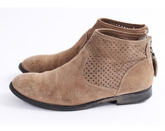 Vintage Suede Ankle Boots: Beige Brown Leather, Women's US 5.5
