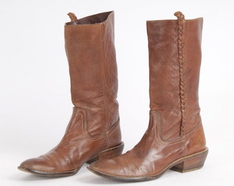 US8.5 Boots Brown Leather Mid Calf Vintage Brown Pull On Booties for Women size EU39 UK6.5 US8.5