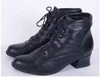 US5.5Vintage Black Booties Laced Leather Boots for Women size EU36 UK3.5 US5.5