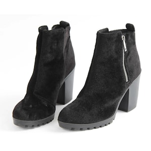 US7.5 Vintage Suede Black Faux Leather Divided Platform Heel Zipper Boots for Women size EU 38 UK 5.5 US 7.5