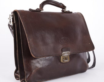 Vintage Dark Brown Full Grain Leather Bag High Grade Leather Work Shoulder Bag Travel Briefcase Messenger Bag 80s