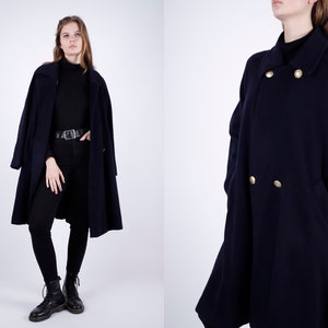 1970s Vintage Wool Greatcoat: Dark Blue Overcoat with Golden Buttons