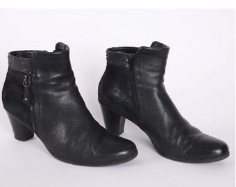 Vintage Black Leather Booties: Snake Print Detail, Women's US 9