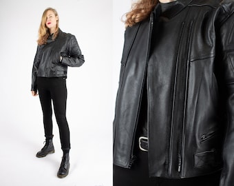 1980s Vintage Black Leather Motorcycle Jacket - Size M/L