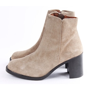 Vintage 90s Suede Ankle Boots: Beige Leather Block Heel (US 10.5 / EU 41)