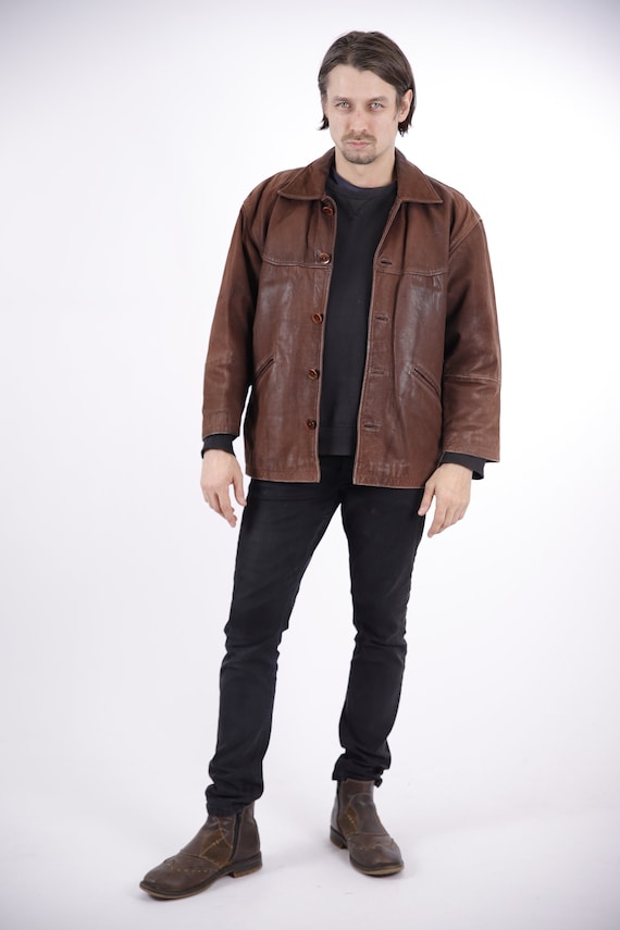 1970s Vintage Brown Leather Jacket Coat Leather Winter Longcoat