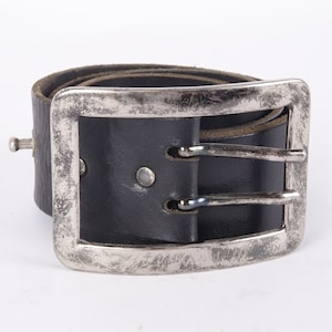 Vintage Black Leather Belt Sturdy Full Grain Two Forked Belt Buckle