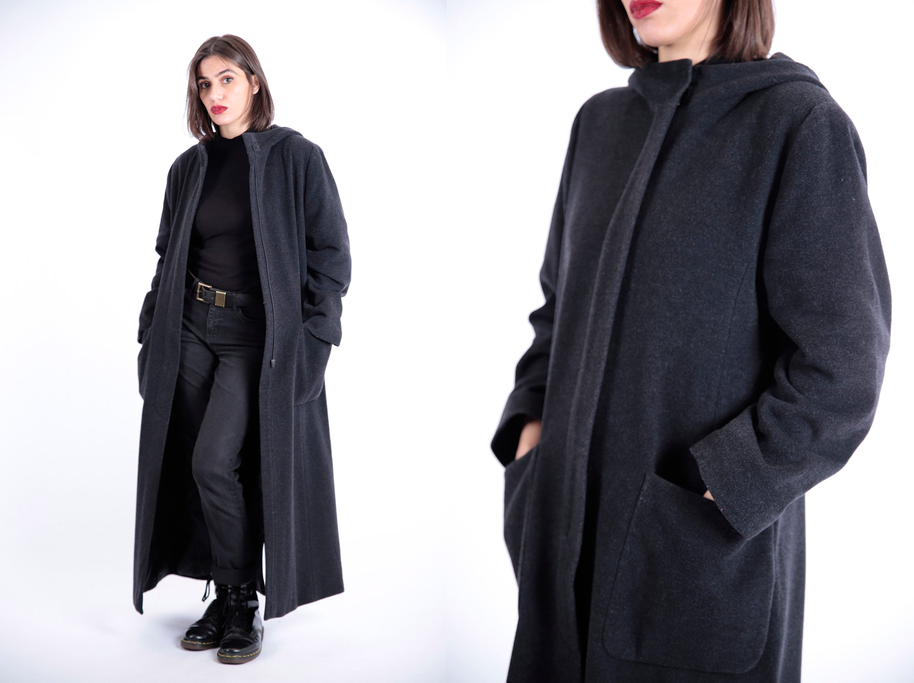 1970s Vintage Wool Hooded Greatcoat - Dark Gray Winter