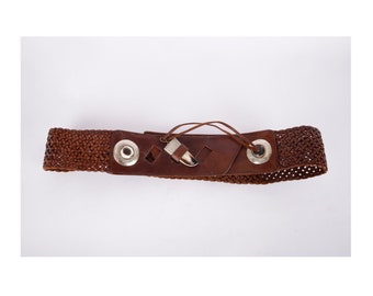 Vintage Bohemian Western Interwoven Waist Belt Cowgirl Cognac Brown Leather Waist Belt Genuine Leather Real Leather Large Buckle