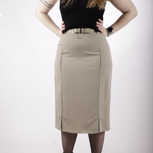 80s Vintage Classy Taupe Light Beige Belted Cream Formal Skirt