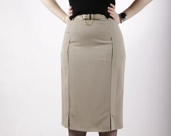 Falda formal con cinturón color crema, estilo vintage de los años 80, en color topo beige claro