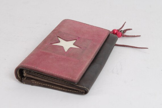 Vintage Leather Wallet Suede Red Black White Star… - image 2