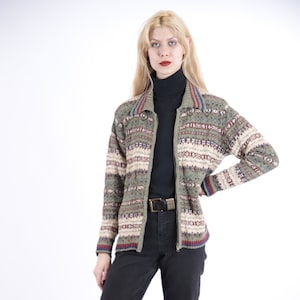 70s Vintage Beige Green Cardigan Interwoven Decorated Icelandic Sweater for Women