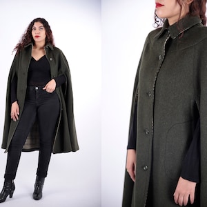 1970s Vintage Germany Green Olive Wool Loden Poncho Cape Mantle Autumn Winter for Women