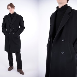 1970s Vintage Black Wool Winter Autumn Coat Greatcoat Overcoat for Men