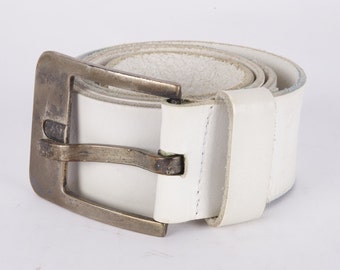 Vintage White Leather Western Belt Genuine Leather Real Leather Steel Buckle