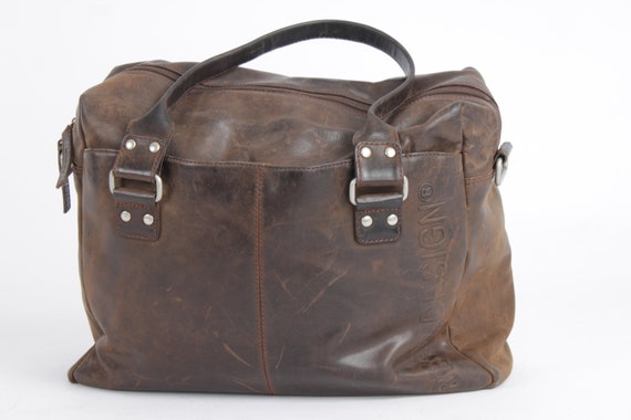 Vintage Brown Leather Weekend Bag Handbag Genuine… - image 3