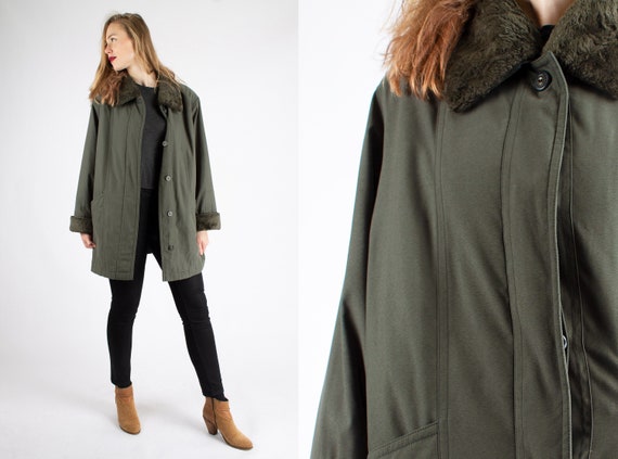 1970s Vintage Olive Green Longcoat Coat Trench To… - image 1