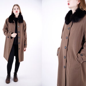 1970s Vintage Brown Greatcoat Overcoat Winter Fluffy Collar Autumn Coat for Women