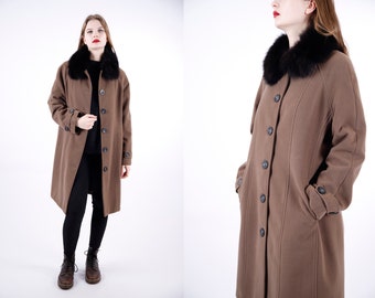 1970s Vintage Brown Greatcoat Overcoat Winter Fluffy Collar Autumn Coat for Women