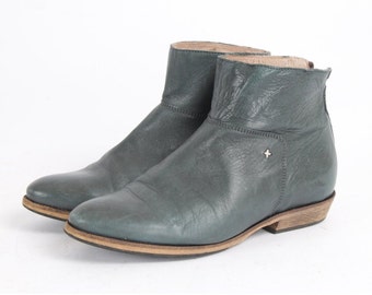 US5.5 Dark Green Ankle Boots Leather Vintage Booties Zipper for Women size EU36 UK3.5 US5.5