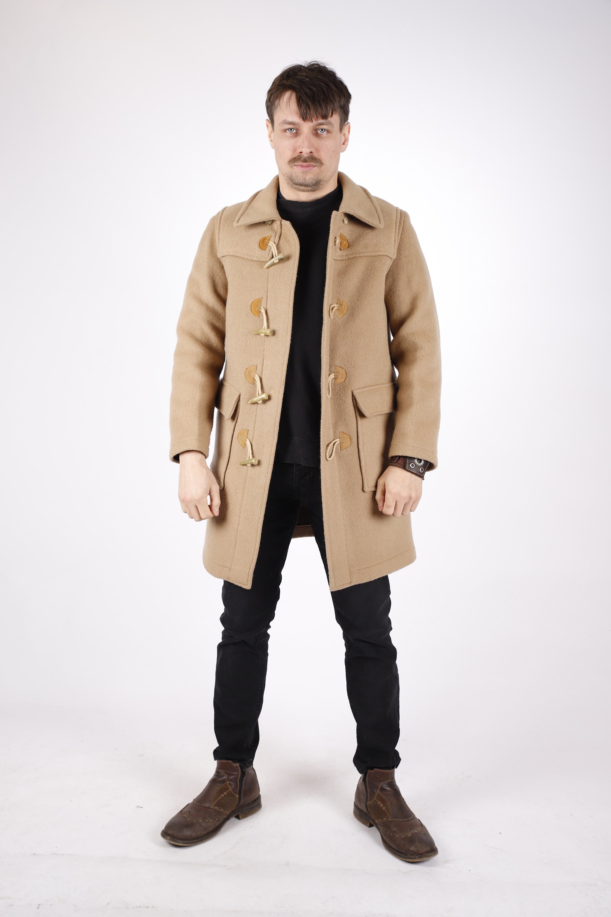 1980s Vintage Camel Light Duffel Wool Beige Winter Duffle Autumn