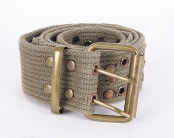 Vintage Olive Green Two Forked Studded Decorated Belt Canvas Steel Roller Buckle