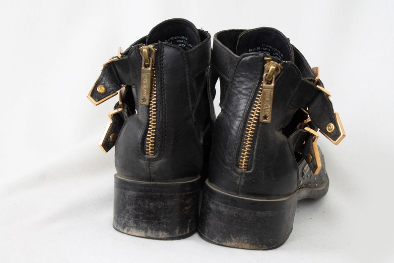 US7.5 Vintage Black Pepe Jeans Leather Belted Hippie Festival Boots for Women size EU38 UK5.5 US7.5